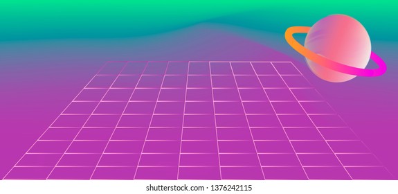 Abstract pastel background with laser grid and alien planet. Vaporwave/ retrowave/ synthpop style illustration for poster or cover.