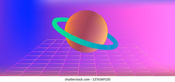 Abstract pastel background with laser grid and alien planet. Vaporwave/ retrowave/ synthpop style illustration for poster or cover.