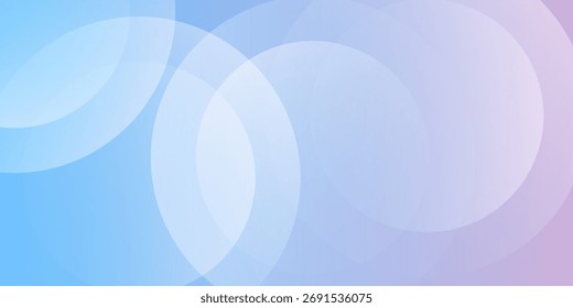 Fundo pastel abstrato com círculos transparentes sobrepostos em tons de gradiente azul e roxo. Design suave mínimo e elegante