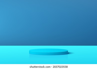 Abstract pastel blue 3D cylinder pedestal podium with blue minimal wall scene for cosmetic product display presentation. Vector geometric rendering platform design. Stage for promotion display.