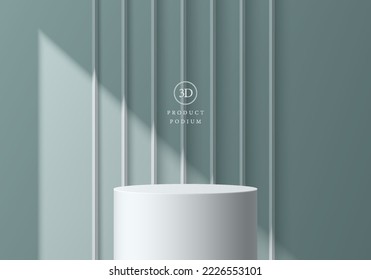 Abstract pastel blue 3D room with realistic white gray cylinder stand product podium and window lighting. Luxury minimal scene mockup display presentation. Vector geometric platform. Stage showcase. 