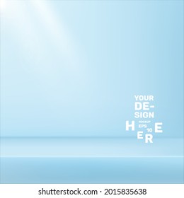 Abstract pastel blue platform, gradient background with beams of spotlights and bokeh light.