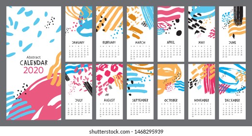 Abstract pastel calendar 2020. the week begins on Sunday. Scandinavian design style. Modern hand-drawn vector illustration.