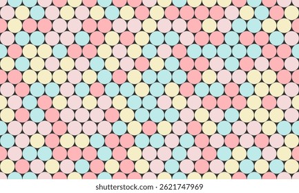 Abstract pastel circle pattern.  A cheerful, repeating design of soft pink, blue, and yellow circles on a dark background. Ideal for website backgrounds, textile prints, and playful branding.