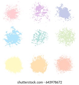 Abstract pastel circle spots textured brush strokes. Variety abstract paint shape.  Brushes vector illustration background. Abstract paint splashes set for design use. Isolated paint brush pack.