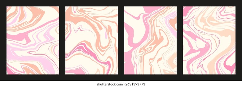 Abstract pastel color marble texture cover set. Liquid wavy lines poster collection. 