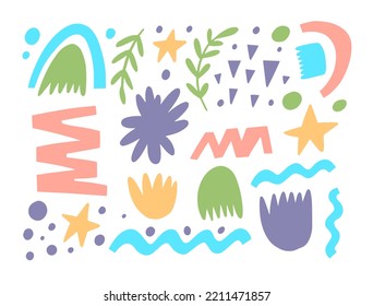 Abstract pastel color pattern elements. Hand drawn colorful doodle style vector illustration isolated on white background.
