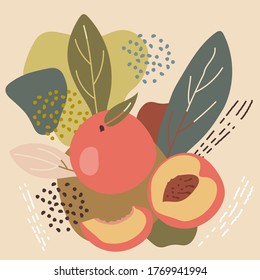 Abstract pastel colors fruit element memphis style. vector illustration of peach on retro abstract background for organic food packaging, natural cosmetics, vegetarian, vegan products. peach label.