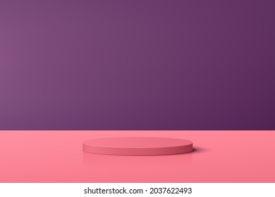 Abstract pastel coral pink 3D cylinder pedestal podium with purple minimal wall scene for cosmetic product display presentation. Vector geometric rendering platform design. Stage for promotion display