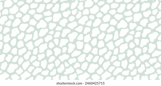 Abstract pastel cow or giraffe spots seamless pattern. White organic blob shapes on a mint green background. Hand drawn gender neutral minimalist sage green pastel safari print.