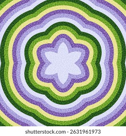 Abstractas forma de flor pastel con diseño de ondulación concéntrica en verde, amarillo y púrpura. Ilustración vectorial.
