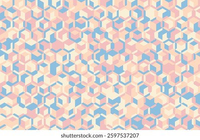 Abstract pastel geometric pattern.  Interlocking cubes in soft pink, blue, and cream create a captivating, seamless texture. Ideal for website backgrounds, textiles, or modern branding.
