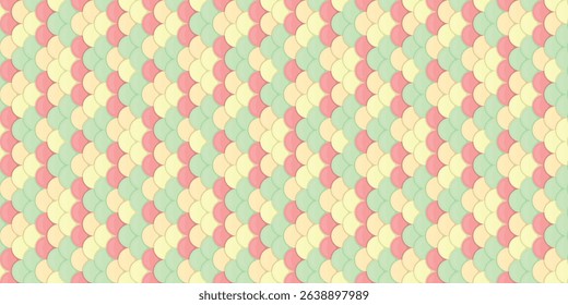 Abstract pastel geometric pattern. Seamless repeating design with soft pink, mint green, and pale yellow overlapping scales. Ideal for textile prints, backgrounds, and website designs.