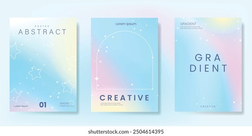 Abstract pastel gradient background vector set. Minimalist style cover template with star, frame, sparkle. Modern wallpaper design perfect for poster, flyer, social media, card, prints.