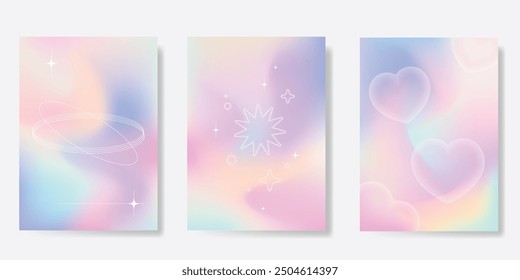 Abstract pastel gradient background vector set. Minimalist style cover template with heart, frame, sparkle. Modern wallpaper design perfect for poster, flyer, social media, card, prints.