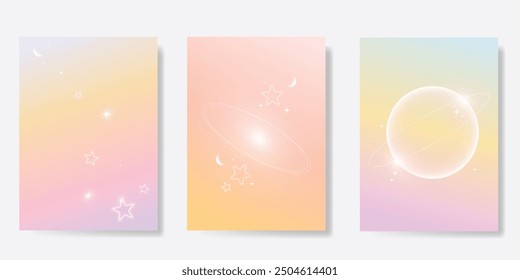 Abstract pastel gradient background vector set. Minimalist style cover template with star, moon, saturn, sparkle. Modern wallpaper design perfect for poster, flyer, social media, card, prints.