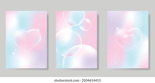 Conjunto de Vector de fondo degradado pastel Abstractas. Plantilla de cubierta de estilo minimalista con corazón, burbuja, brillo. Diseño de Fondo de pantalla moderno perfecto para póster, folleto, redes sociales, tarjeta, impresiones.