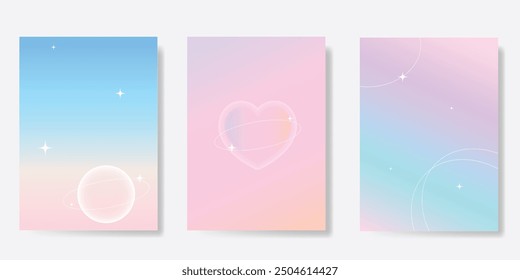 Abstract pastel gradient background vector set. Minimalist style cover template with heart, saturn, sparkle. Modern wallpaper design perfect for poster, flyer, social media, card, prints.