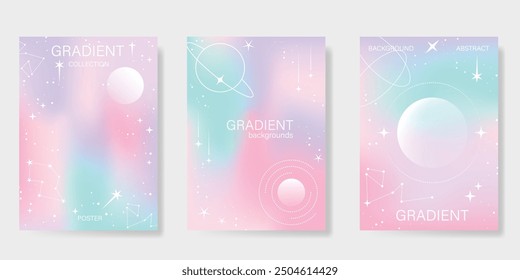 Abstract pastel gradient background vector set. Minimalist style cover template with planet, star, saturn, sparkle. Modern wallpaper design perfect for poster, flyer, social media, card, prints.