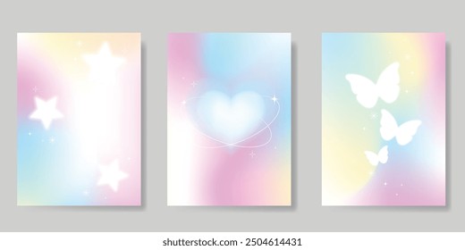 Abstract pastel gradient background vector set. Minimalist style cover template with heart, star, butterfly, bubble. Modern wallpaper design perfect for poster, flyer, social media, card, prints.