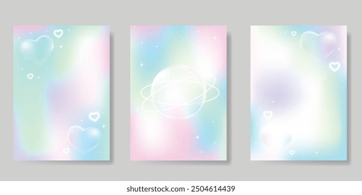 Abstract pastel gradient background vector set. Minimalist style cover template with heart, saturn, bubble. Modern wallpaper design perfect for poster, flyer, social media, card, prints.