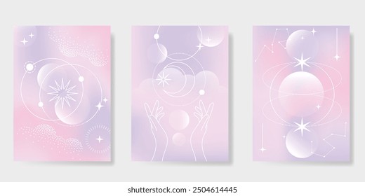 Abstract pastel gradient background vector set. Minimalist style cover template with planet, star, hand, sparkle. Modern wallpaper design perfect for poster, flyer, social media, card, prints.