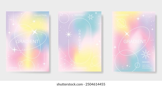 Abstract pastel gradient background vector set. Minimalist style cover template with planet, star, saturn, sparkle. Modern wallpaper design perfect for poster, flyer, social media, card, prints.