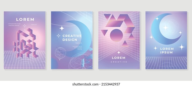 Abstract pastel gradient cover template. Set of modern poster with vibrant graphic color, hologram, star, grid, shapes, moon, wireframe. Minimal style design for flyer, brochure, media, background.