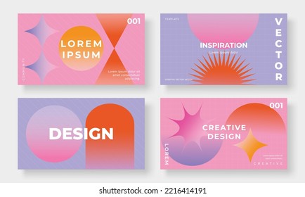 Abstract pastel gradient cover template. Set of modern poster with geometric shapes, circles, stars, grid. Gradient retro background for brochure, flyer, wallpaper, banner, business card.