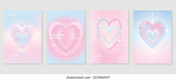 Abstract pastel gradient cute cover template  Set modern poster and vibrant graphic color  hologram  adorable elements  heart shapes  star  Minimal style design for flyer  brochure  ads  media 