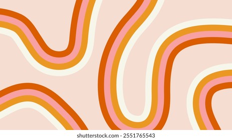 Abstract pastel groovy background. Curve rainbow stripes on beige backdrop. Horizontal template for banner, social media, advertisements, presentations, poster, print.