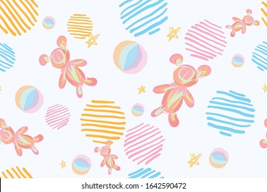 abstract pastel hand drawn little bear doll rainbow ball and elements seamless pattern with soft background