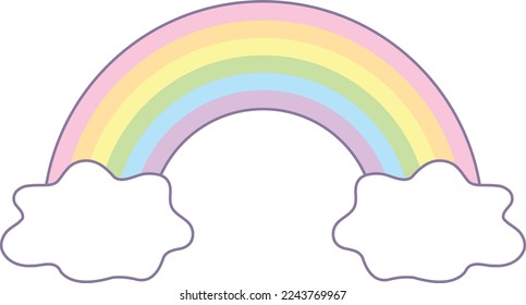 Abstract pastel kawaii rainbow with clouds isolated on transparent background