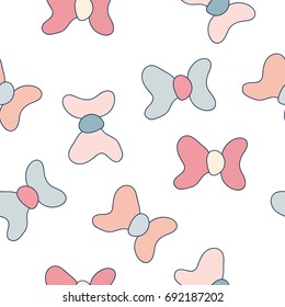 Abstract pastel pattern bows. Light blue and pink colors, light background. Colored bows hand drawn marks, vector repeated texture