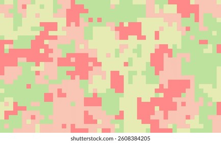 Abstract pastel pixel camo pattern. Soft pink, green, and yellow squares create a modern, digital camouflage design. Perfect for backgrounds, textiles, or playful branding.