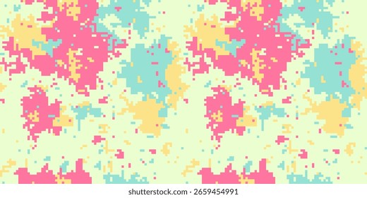 Abstract pastel pixelated camouflage pattern.  Ideal for fashion, textile design, or vibrant digital backgrounds.  The soft, playful colors create a unique and trendy aesthetic.