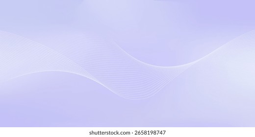 Abstrakter, pastellvioletter Farbverlauf-Hintergrund mit weißen, subtilen, gewellten Linien - futuristische, minimalistische Vektorgrafik. Elegante blassgekrümmte Streifen, glatte dynamische Swoosh. Lichtreine Designvorlage.