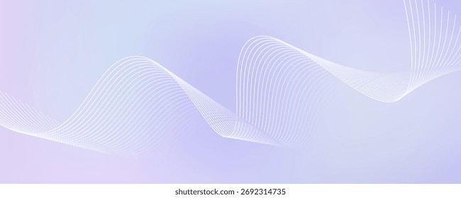 Abstract pastel purple gradient background with white subtle wavy lines - futuristic minimalist vector illustration. Elegant pale curved stripes, smooth dynamic swooshes. Light clean design template.