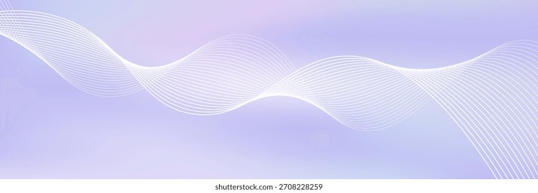 Fundo de gradiente roxo pastel abstrato com linhas onduladas sutis brancas - ilustração vetorial minimalista futurista. Elegante listras curvas pálidas, suaves osswooshes dinâmicos. Modelo de design claro e limpo.