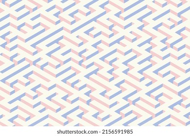 Abstract pastel purple and light beige complex labyrinth game pattern illustration. Isometric maze background with transparent noise texture