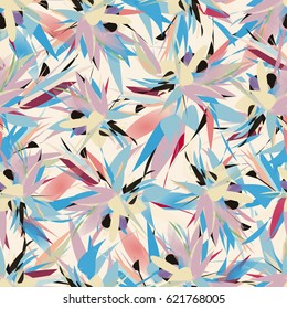 Abstract pastel seamless pattern with exotic geometrical flowers and leaves on beige background. Gentle spring colors.