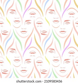 Abstract pastel seamless pattern with womans faces