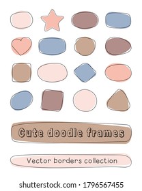 Abstract pastel sketch stamp doodle frames of rectangle, oval, circle, heart, star brush. Template of Handwritten shapes isolated vector borders set. Pastel color background for text, tagline or logo.