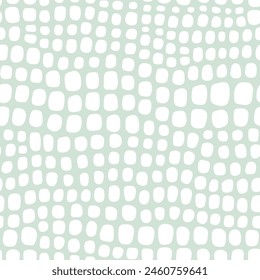 Abstract pastel snake skin spots seamless pattern. White organic shapes on pastel green background, simple flat style. Hand drawn soft pastel crocodile skin texture neutral sage green print.