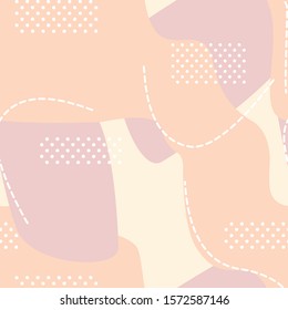 Abstract pastel spots, wavy, dashed lines and dots seamless pattern. Feminine colours repeat design to print on textile, wrapping paper, wallpaper.