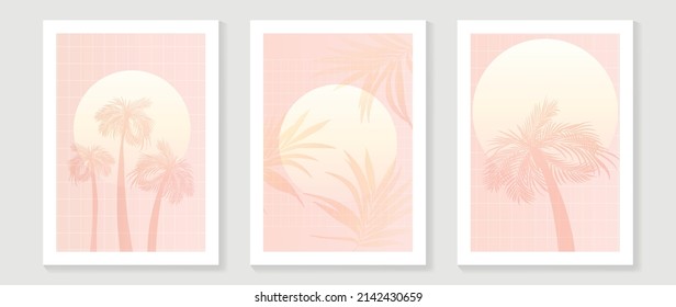 Abstract pastel summer beach wall art template. Pink tone wallpaper design with sun, coconut and palm trees in line art pattern. Sea painting for wall decoration, interior, background, cover, banner.