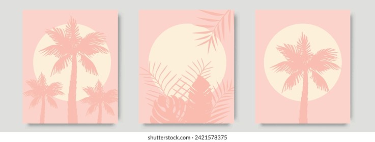 Abstract pastel summer beach wall art template. Pastel tone wallpaper design with sun and palm trees in line art pattern. Sea painting for wall decoration, interior, background, cover, banner