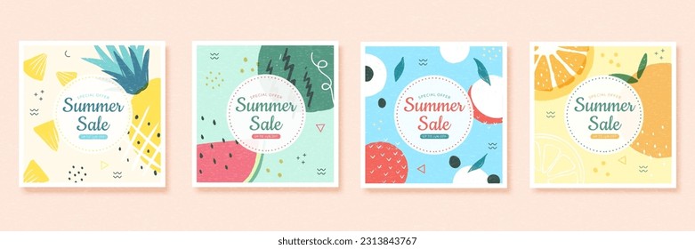 Abstract pastel tropical fruit summer sale template set with pineapple, watermelon, lychee and orange.