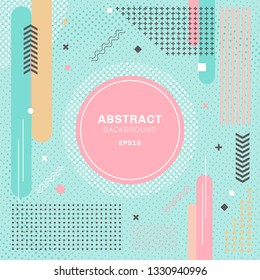 Abstract pastels color geometric elements composition decorative green background. Round shape and halftone pattern with circle tag. Vector illustration