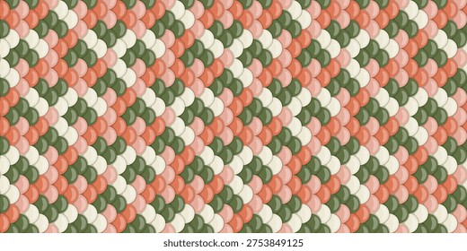 Abstract pasteltoned geometric pattern.  Elegant, repeating design of overlapping circles in coral, sage green, and cream. Perfect for textile prints, website backgrounds, or decorative projects.
